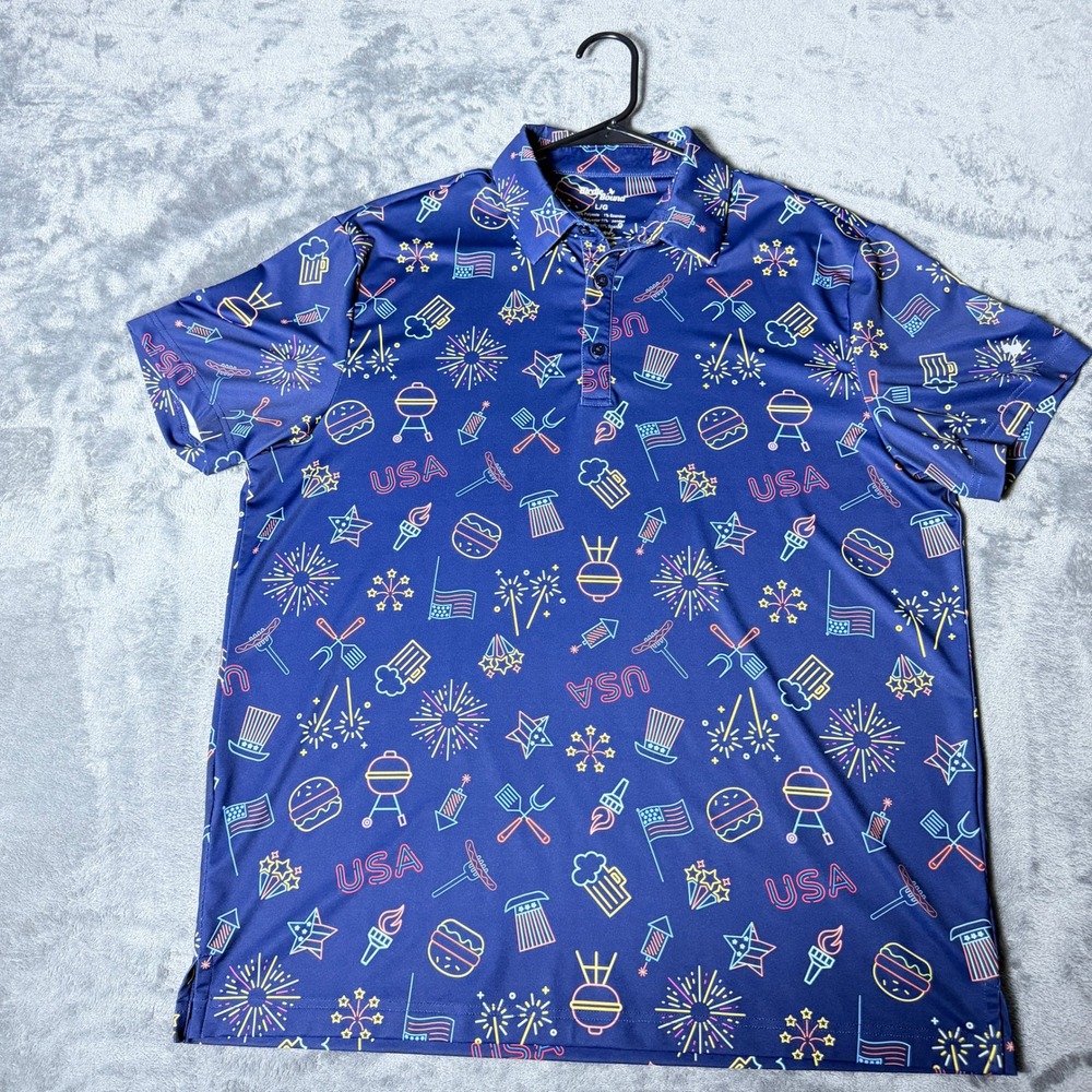 Birdie Bound Mens SZ Large Golf Polo Shirt Blue Neon USA Fireworks BBQ Patriotic